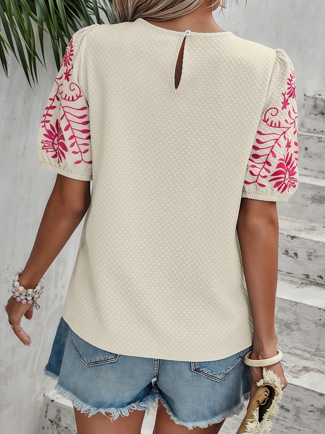 Damen Blusenshirt Puffärmel Florale Stickerei Weiß