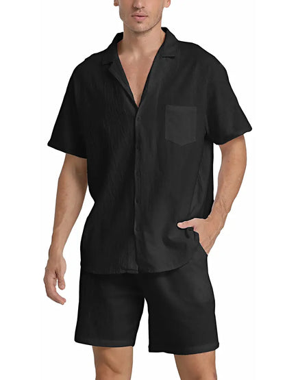 Herren Kurzarm-Hemd Shorts Set Baumwolle Sommerweiß
