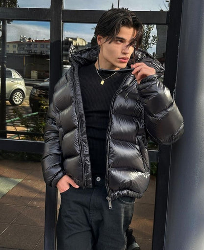 Herren Steppjacke mit Kapuze und Reißverschluss, wasserabweisend