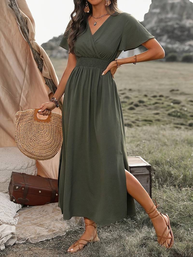 Damen Boho Maxi Kleid V-Ausschnitt Elegantes Design