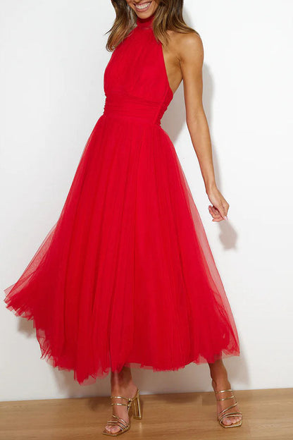 Elegantes Damen Tüllkleid Halterneck Mittellang A-Linie Weiß