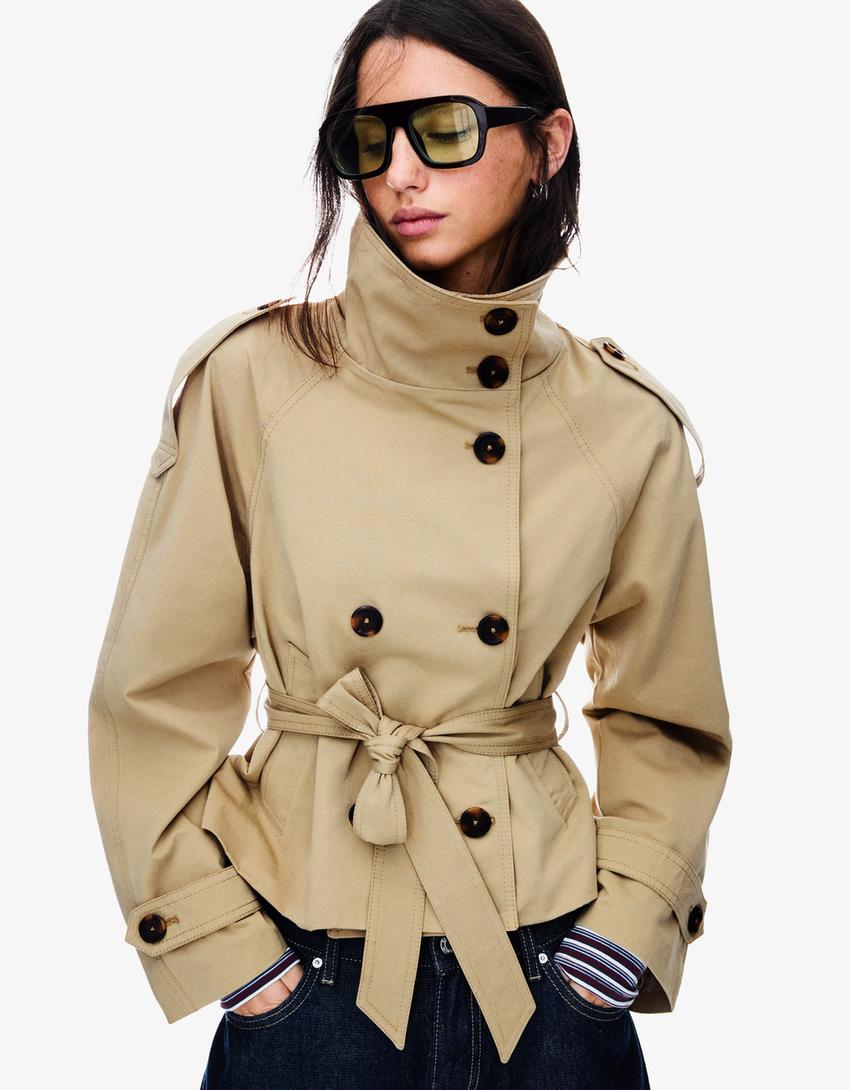 Damen Kurztrenchcoat Taillengürtel Elegantes Design Schwarz - Norvielle