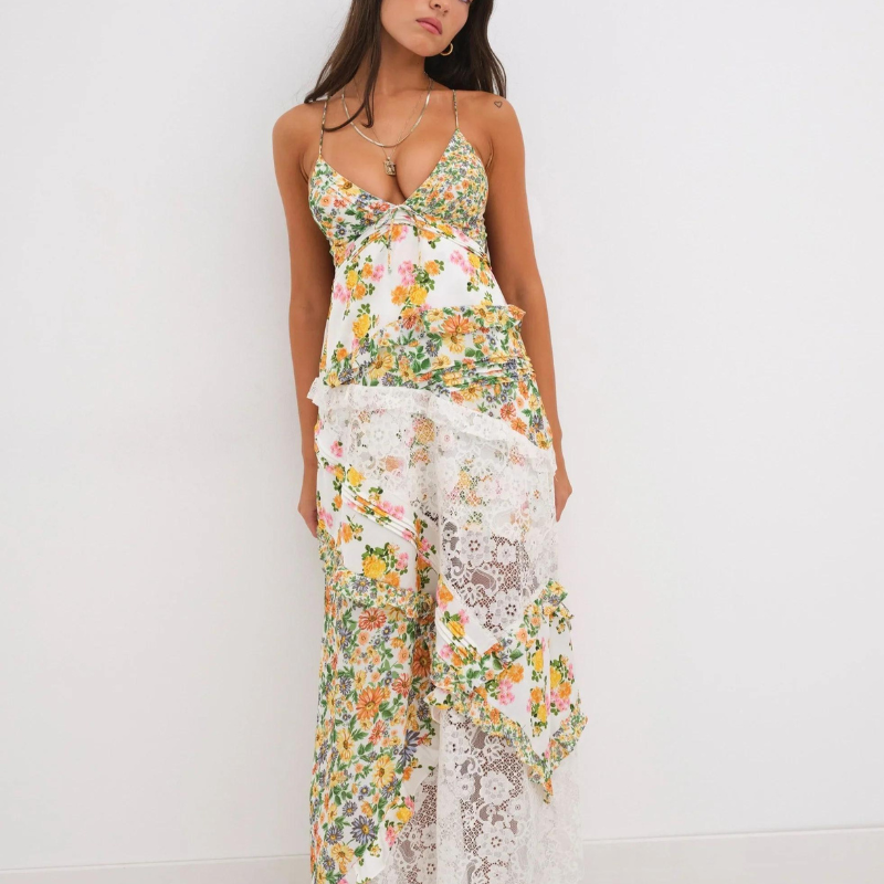 Damen Maxikleid Blumenmuster Spitze Spaghettiträger - Norvielle