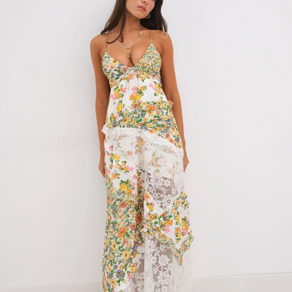 Damen Maxikleid Blumenmuster Spitze Spaghettiträger - Norvielle