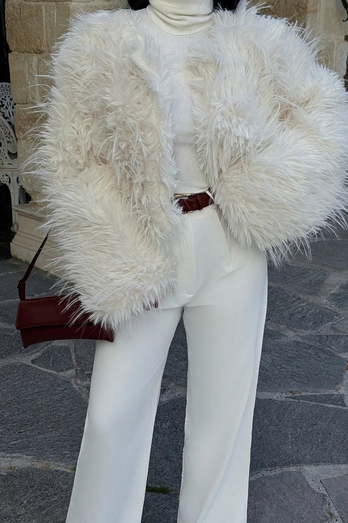 Damen Kunstpelzmantel Weiß Elegent