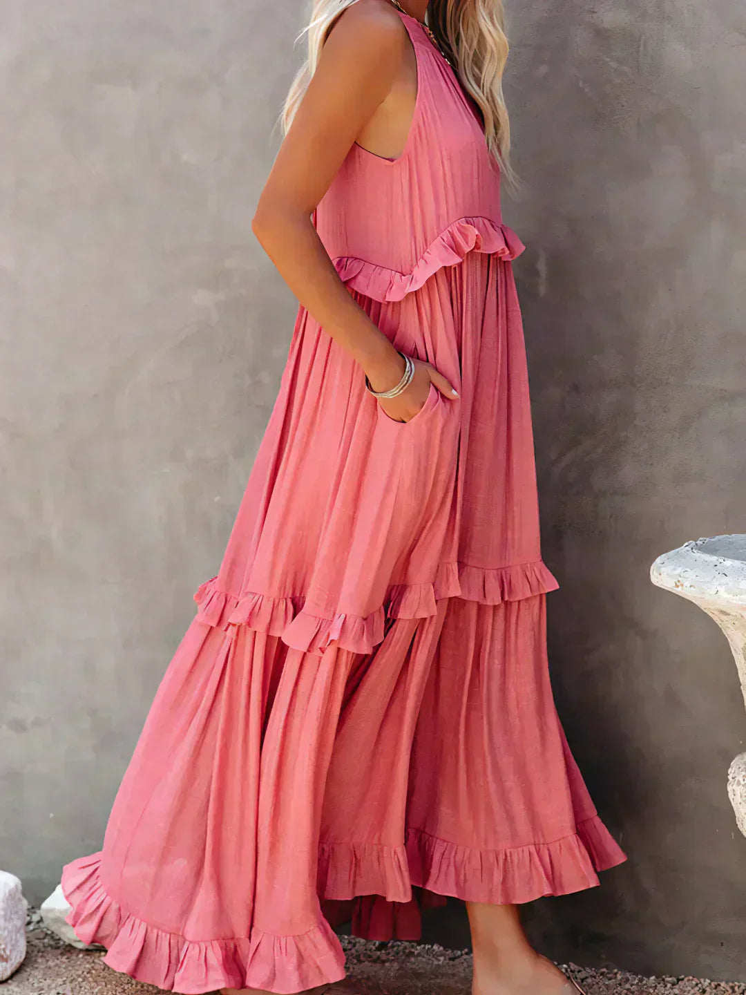 Damen Maxikleid Volants Neckholder Ausschnitt Sommerlich Feminin