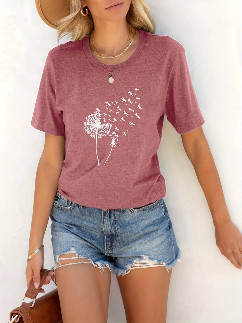 Norvielle Damen T-Shirt Löwenzahn-Print Rundhals Weiss