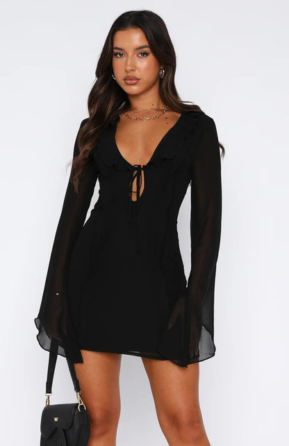 Norvielle Damen Minikleid Langärmlig Rüschen