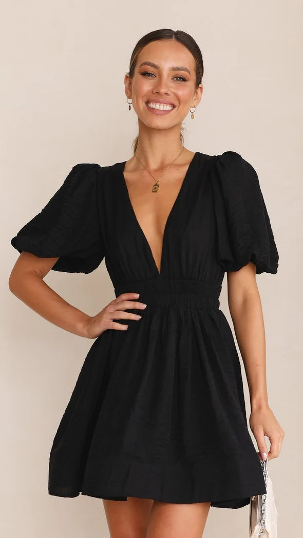 Damen Minikleid Puffärmel Rosa