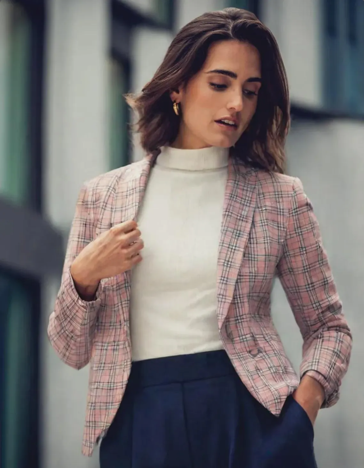Damen Blazer Rosa Karierter Maßgeschneiderter - Norvielle