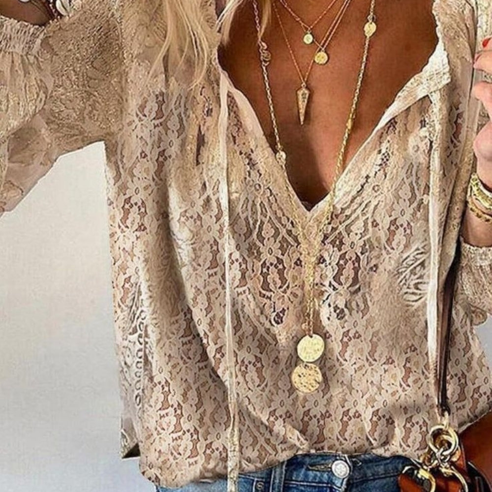Damen Leicht Bluse V-Ausschnitt Sommer Leinen Beige - Norvielle
