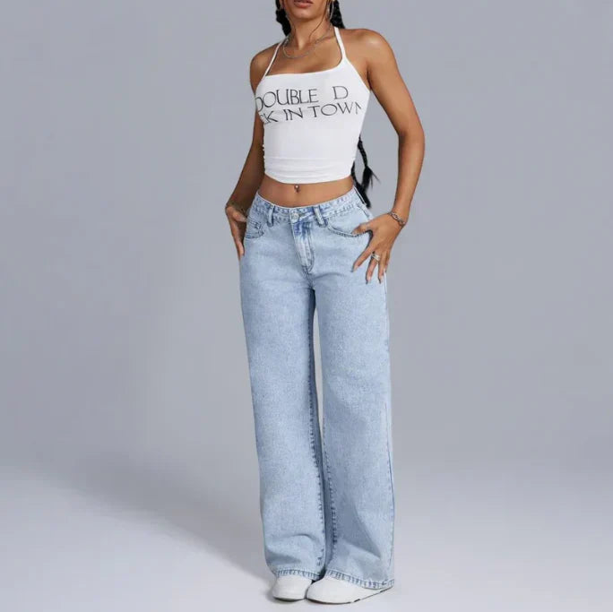 Damen Weite Jeans Schleifendetails Dunkelblau