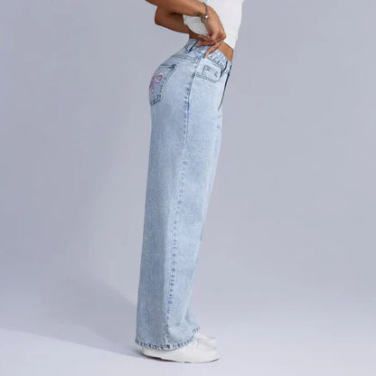 Damen Weite Jeans Schleifendetails Dunkelblau