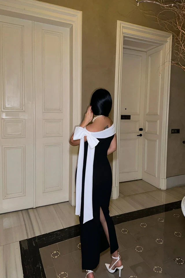 Damen Off-Shoulder Midikleid Weiß Schleife