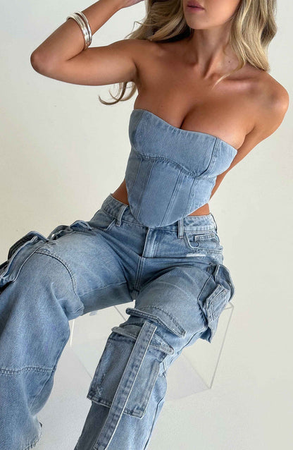 Damen Denim Cargo Hose Eleganz