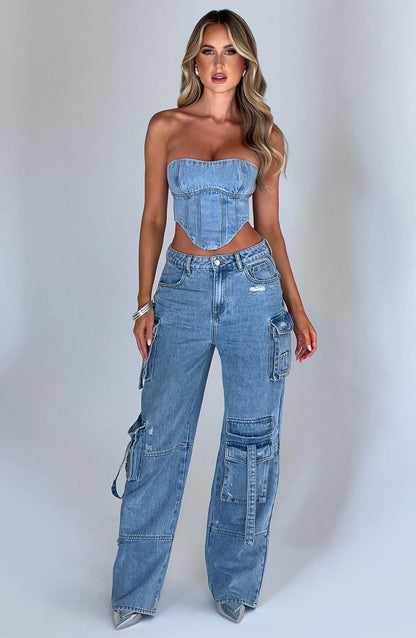 Damen Denim Cargo Hose Eleganz