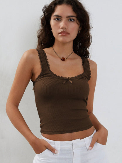 Damen Ripp-Tanktop Spitzenbesatz Romantisch