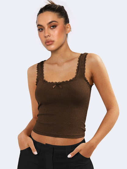 Damen Ripp-Tanktop Spitzenbesatz Romantisch