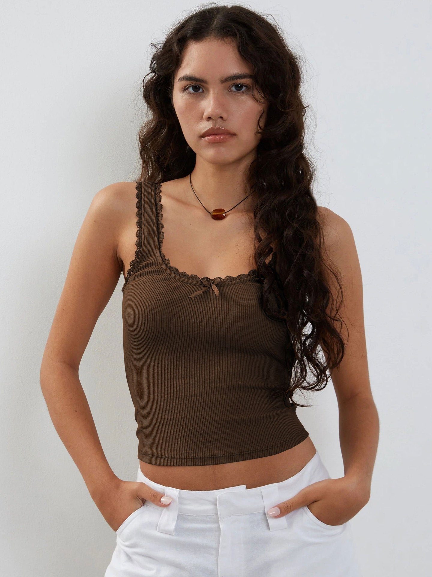 Damen Ripp-Tanktop Spitzenbesatz Romantisch