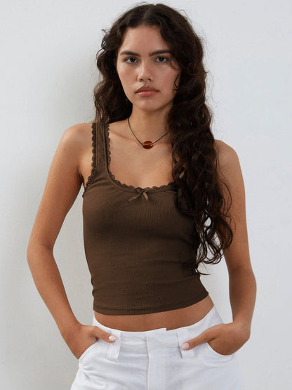 Damen Ripp-Tanktop Spitzenbesatz Romantisch