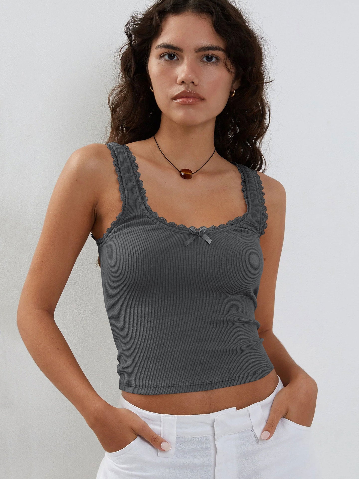 Damen Ripp-Tanktop Spitzenbesatz Romantisch
