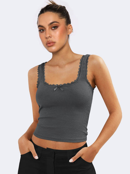 Damen Ripp-Tanktop Spitzenbesatz Romantisch