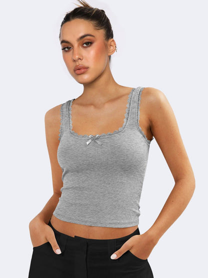 Damen Ripp-Tanktop Spitzenbesatz Romantisch