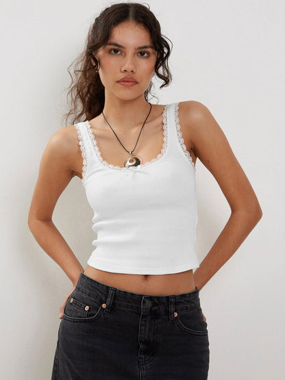 Damen Ripp-Tanktop Spitzenbesatz Romantisch
