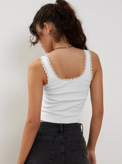 Damen Ripp-Tanktop Spitzenbesatz Romantisch