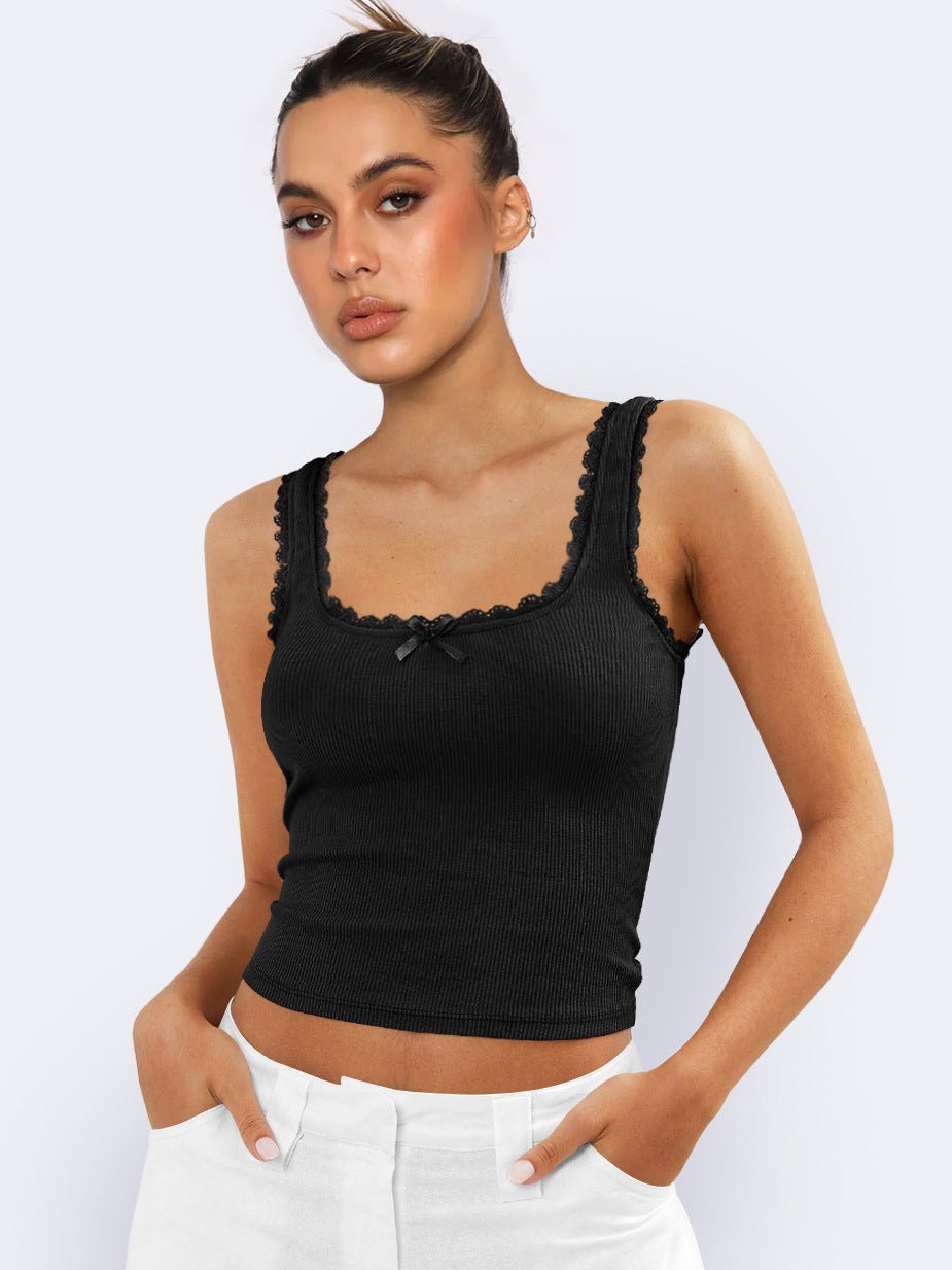 Damen Ripp-Tanktop Spitzenbesatz Romantisch