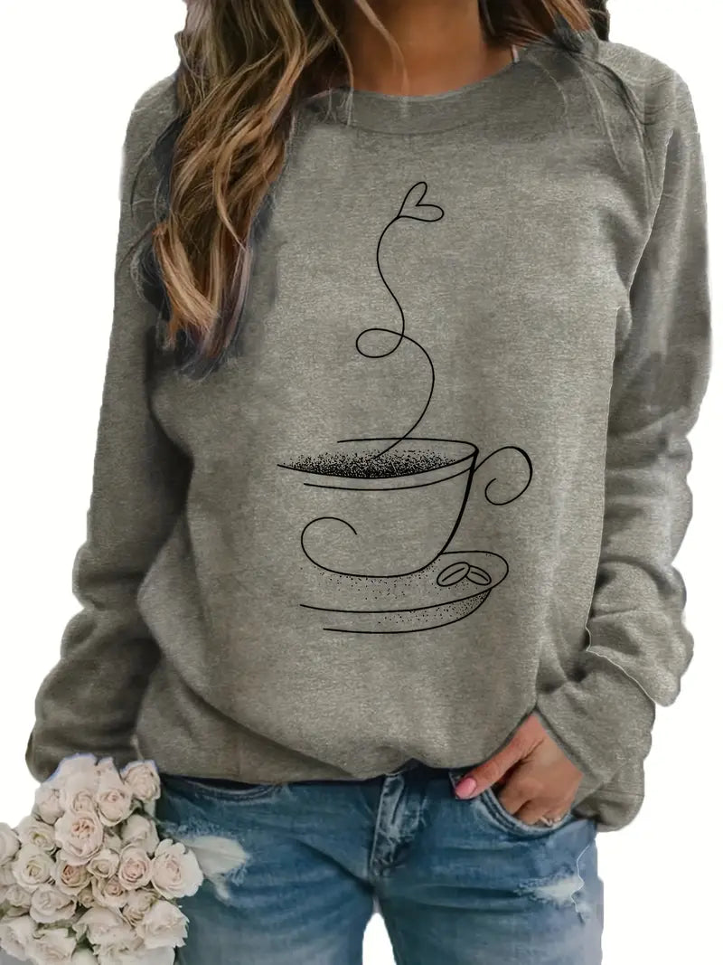 Norvielle Damen Sweatshirt Kaffee Grafik Baumwolle Beige