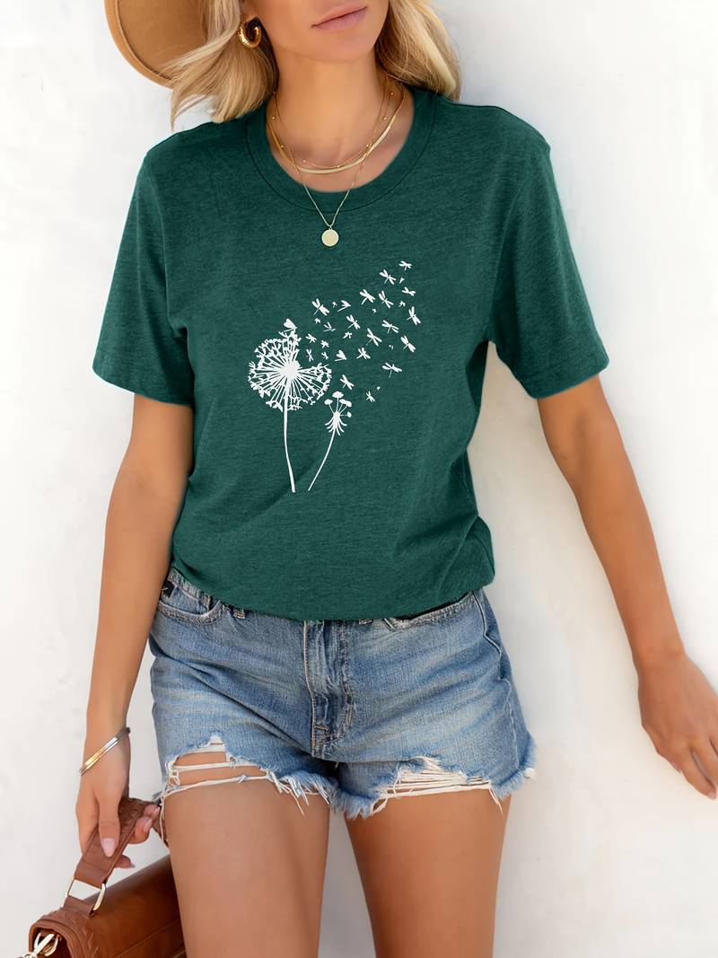 Norvielle Damen T-Shirt Löwenzahn-Print Rundhals Weiss