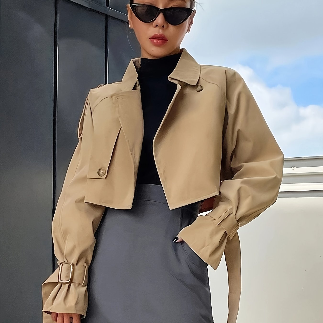 Damen Kurz-Trenchcoat High-Fashion Schwarz - Norvielle