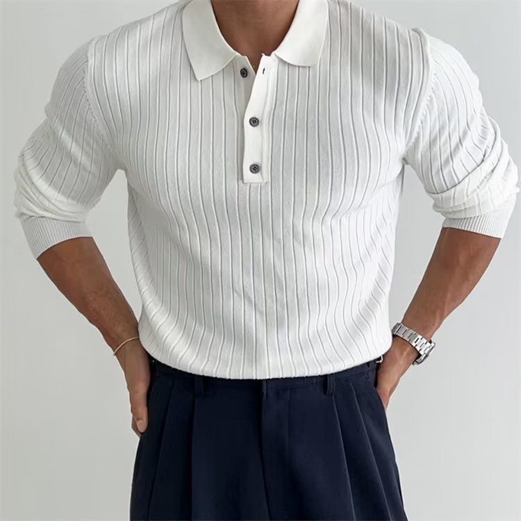Herren Langarm Polo-Shirt Gerippt Knopfleiste Weiß - Norvielle