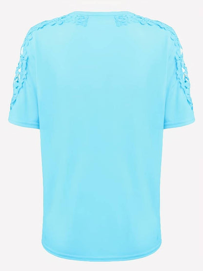 Norvielle Damen Rundhals T-Shirt Einfarbig Spitzenähte