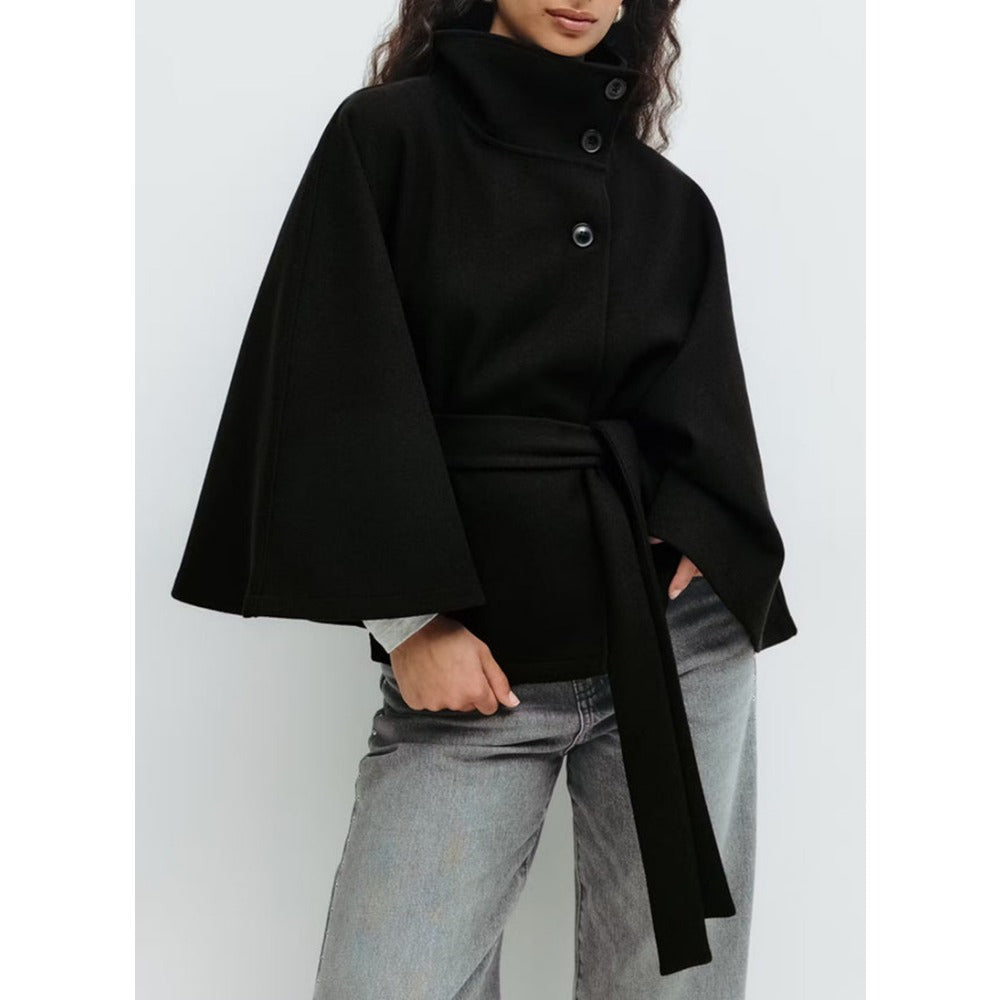 Damen Gürtel-Cape-Mantel Hocher Kragen
