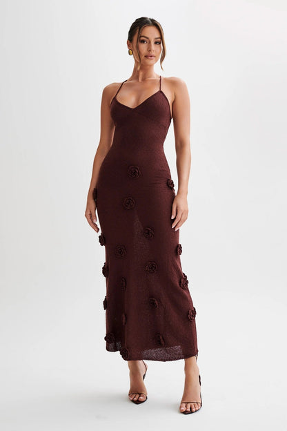 Damen Maxikleid Spaghettiträger 3D Blumenapplikation