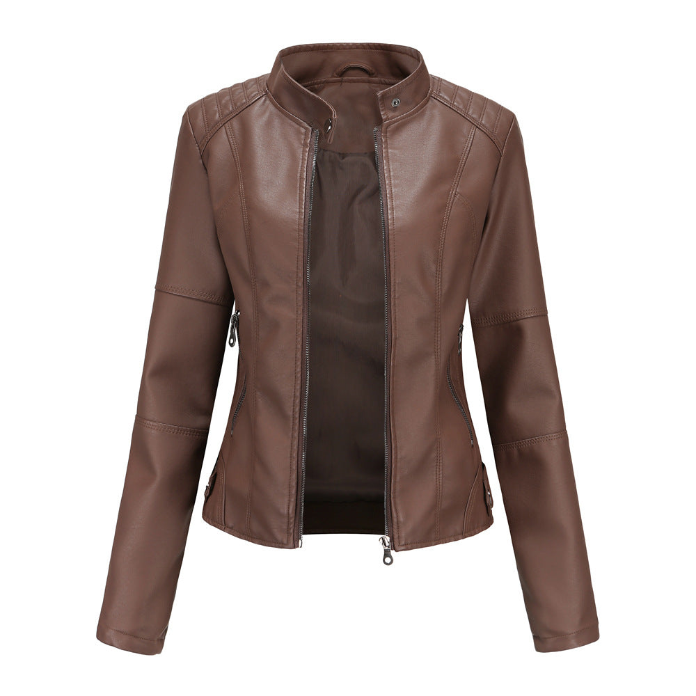 Claudia Damen Bikerjacke Stehkragen Leder