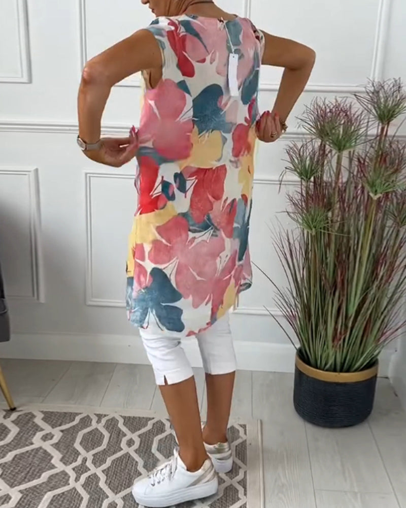 Damen Longtop Blumenprint Farbenfroh Baumwolle