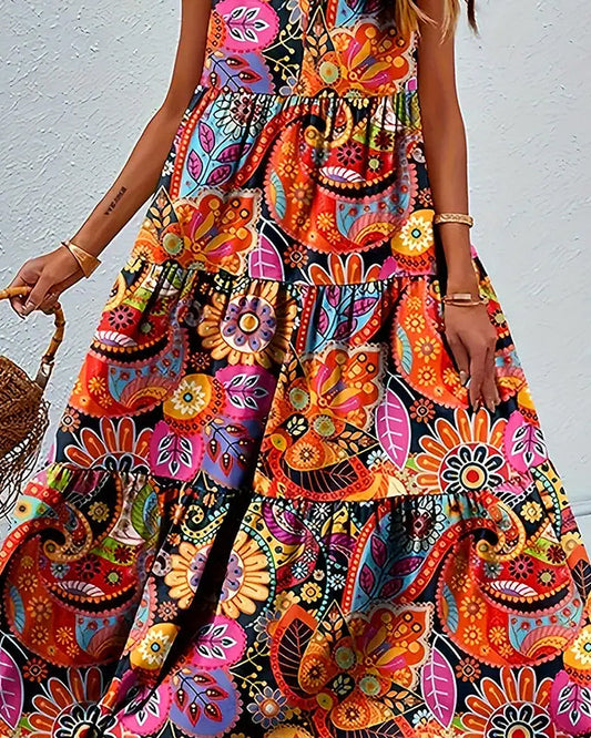 Ärmelloses Damenkleid Lang Print Lockeres Design - Norvielle