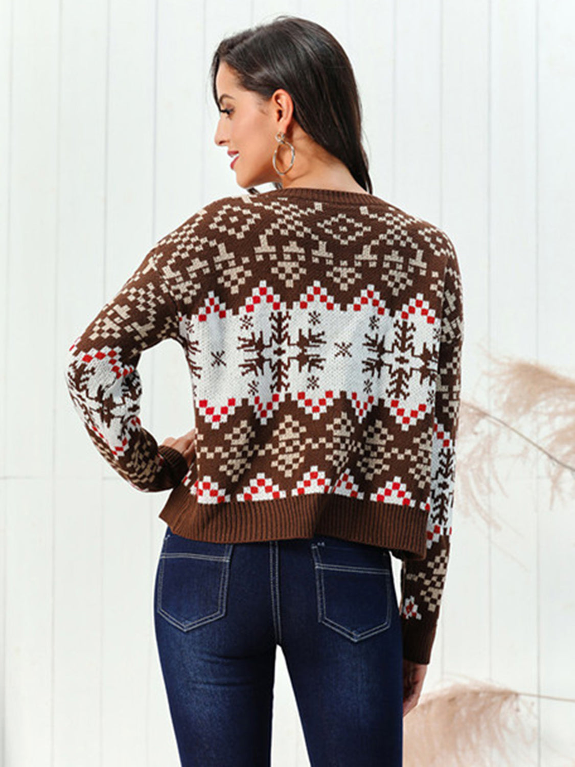 Weihnachtspullover Damen Rundhals Schneeflocken