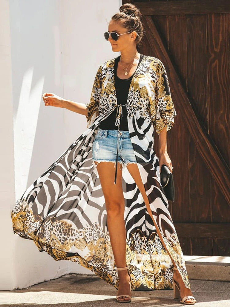 Damen Kimono Leopardenmuster Seide