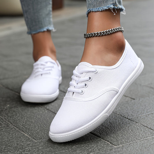 Norvielle Damen Canvas Schnürschuhe Bequem Niedrig Weiß - Norvielle