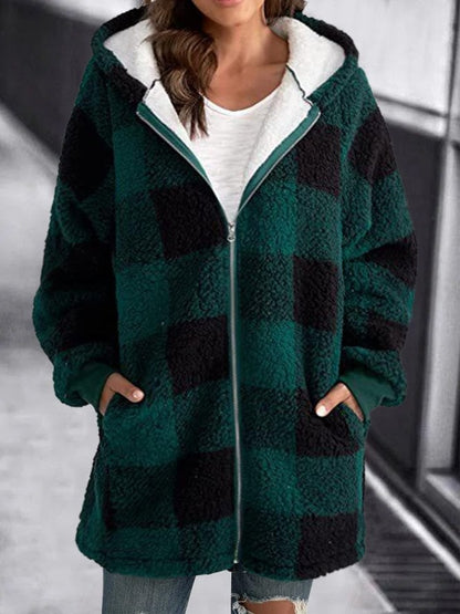 Damen Karierte Fleece Kapuzenjacke Weich weiß