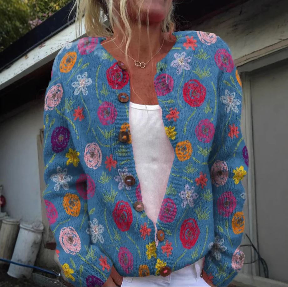 Damen Cardigan Blau Floralmuster - Norvielle