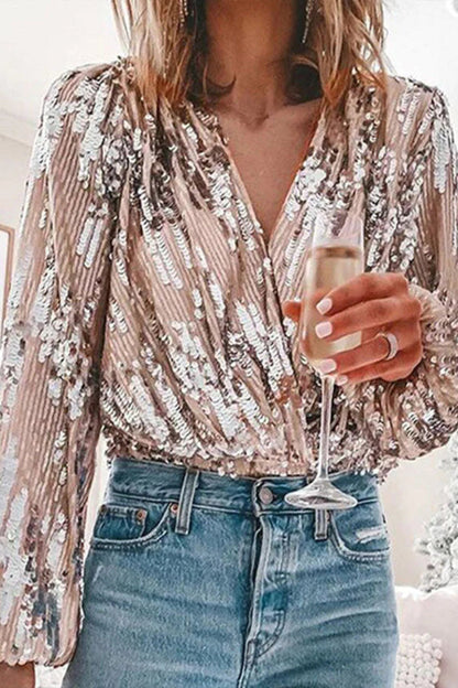 Tinky Damen Glitzerbluse V-Ausschnitt Puffärmel Lurex Effekt