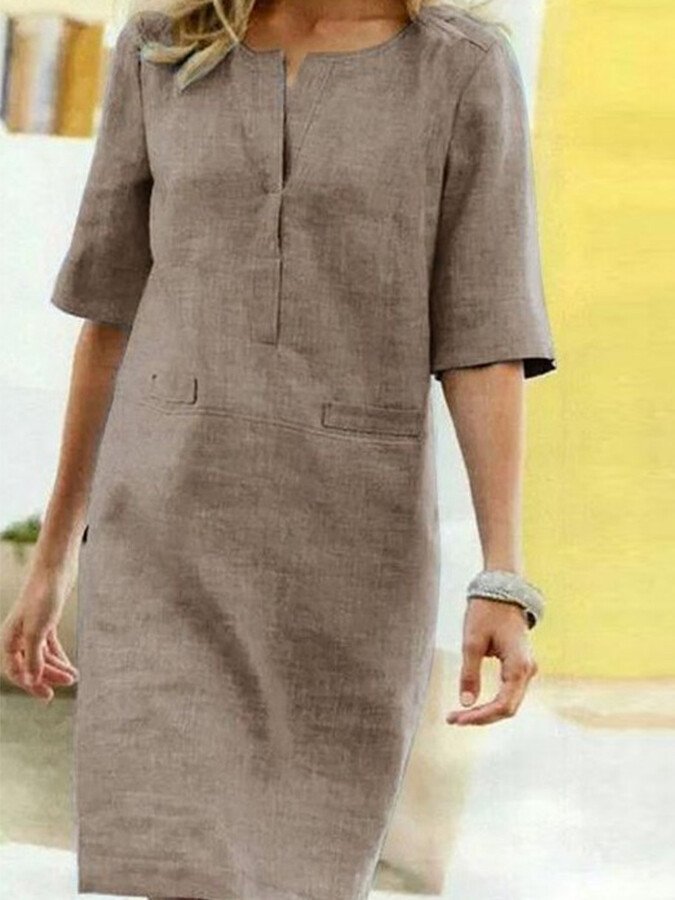 Damen Leinenkleid Baumwolle Elegant Beige