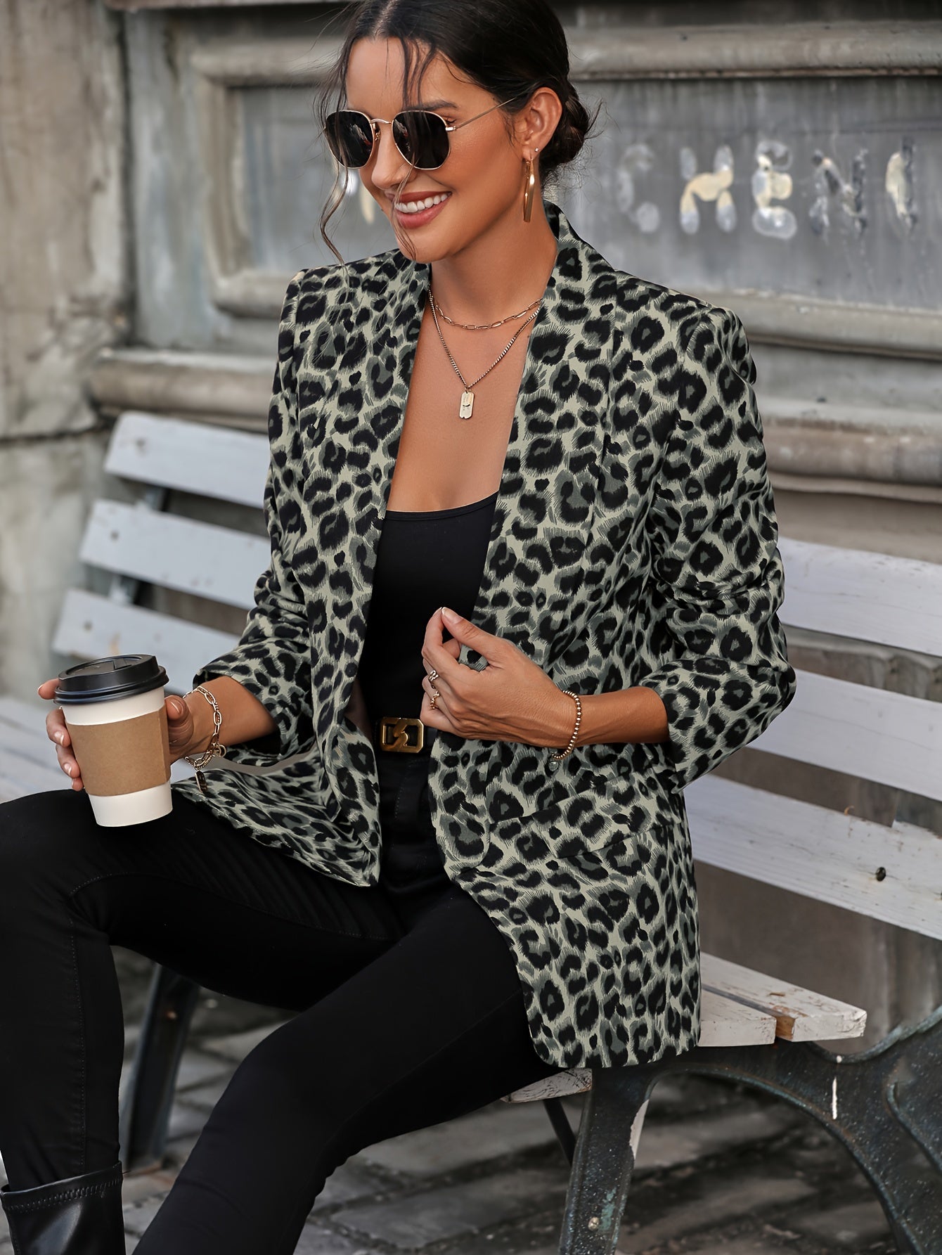 Norvielle Damen Langblazer Leopardenmuster