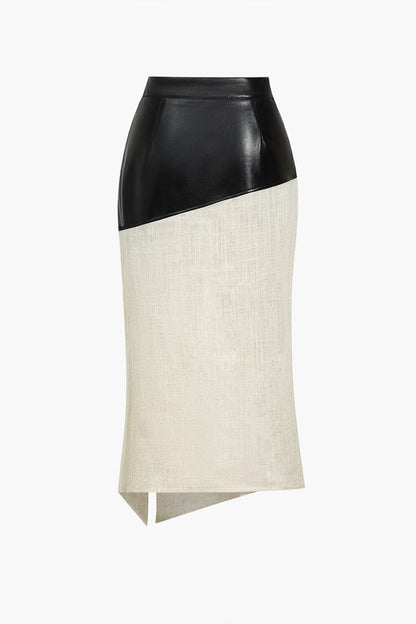 Eleganter Damen Midirock Asymmetrisch Kunstleder Leinen