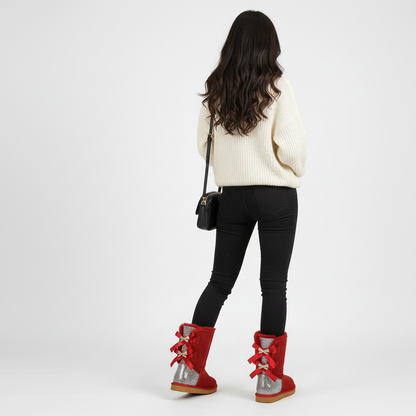 Damen Winterstiefel Wildleder Glitzer Schleifen